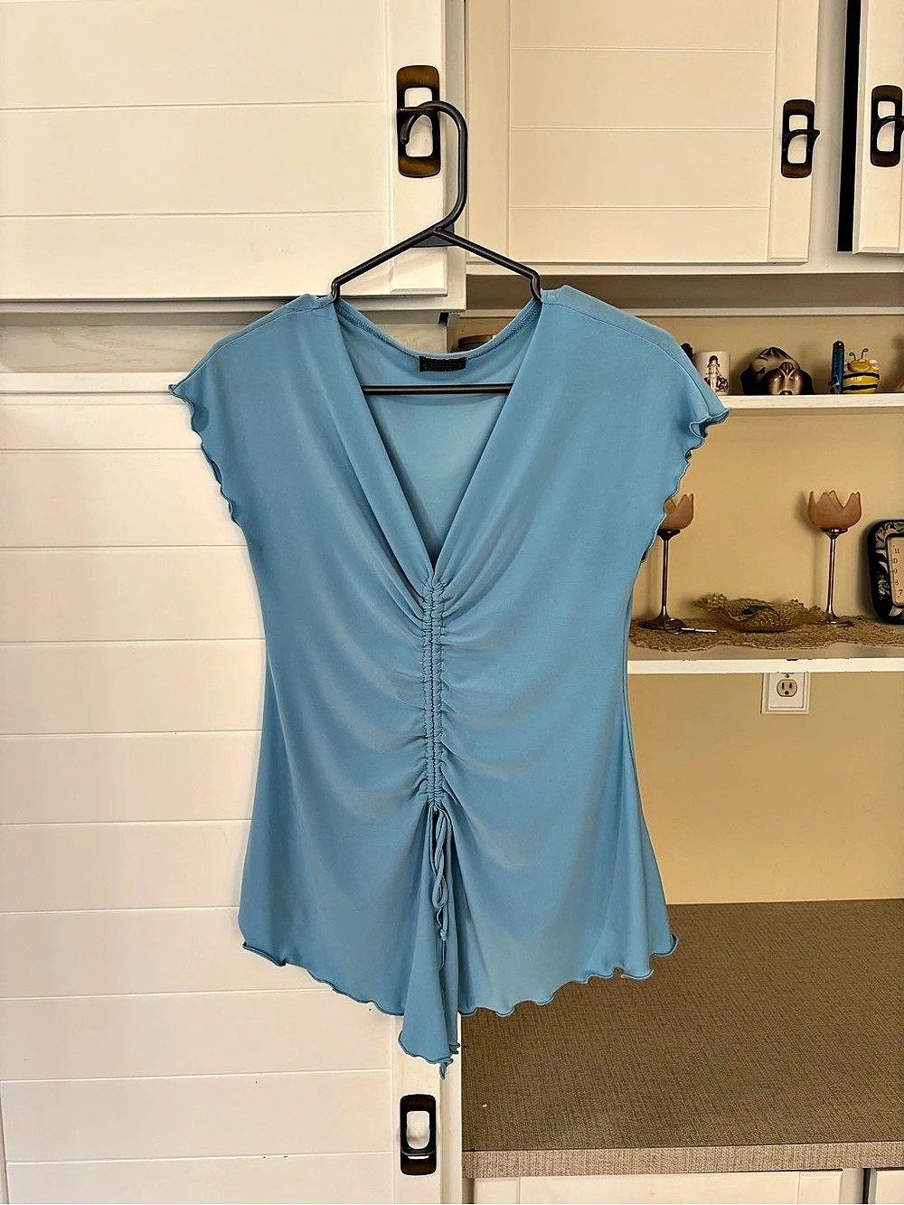 Vintage Blue Ruched Short Sleeve Blouse